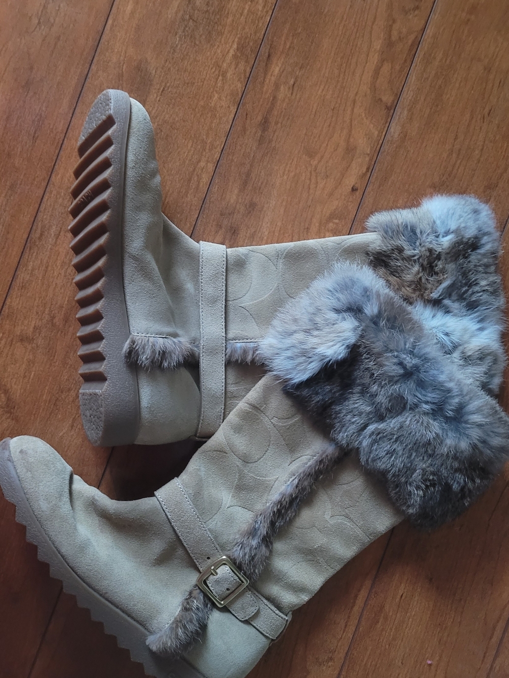 Coach Taupe Suede-Look Mid-Calf Boots with Fur Cuff